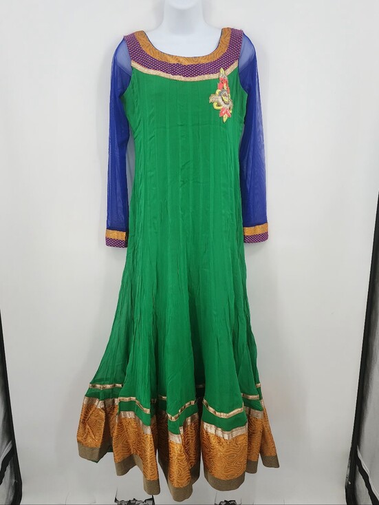 Handmade Other - Women's Green Ethnic Indian Maxi Dress with Blue Sleeves and Gold Trim, Small